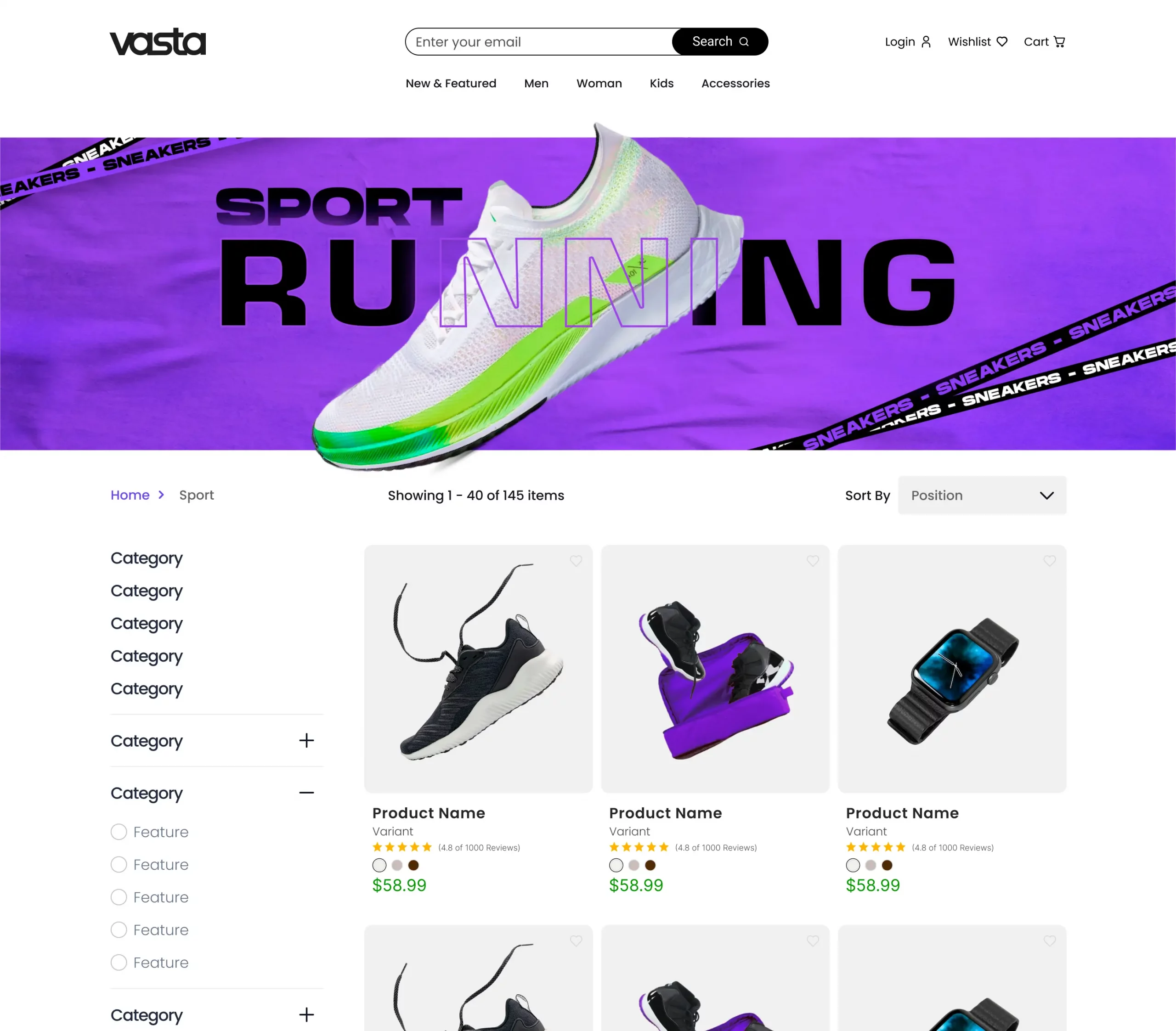 Vasta's Shopify collection page screenshot, featuring sport running sneakers, exemplifying organized layout and user-friendly navigation for eCommerce.