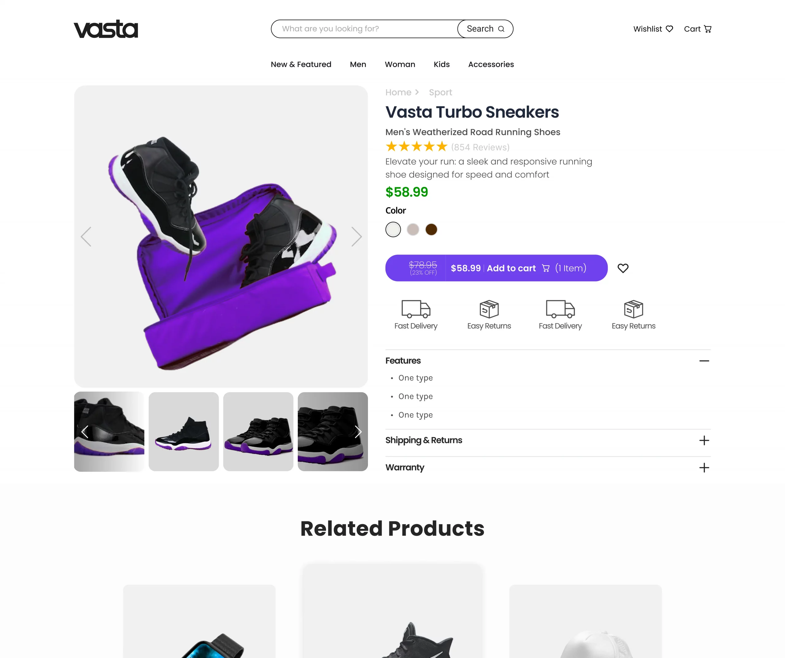 A product page of Vasta's Shopify eCommerce, captured in a screenshot, showcasing its comprehensive, well-structured, and user-centric layout.