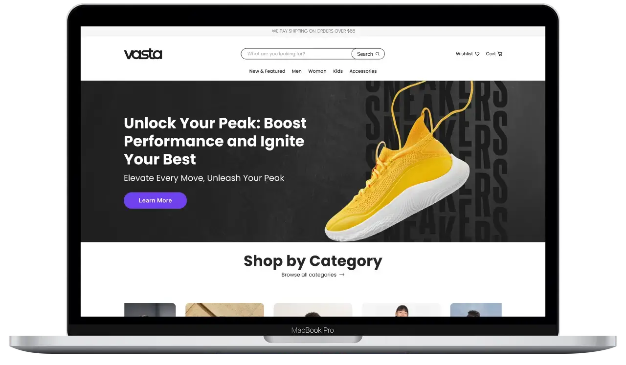 Laptop screen showing Vasta's Shopify homepage, highlighting a seamless and engaging user experience for eCommerce shoppers.