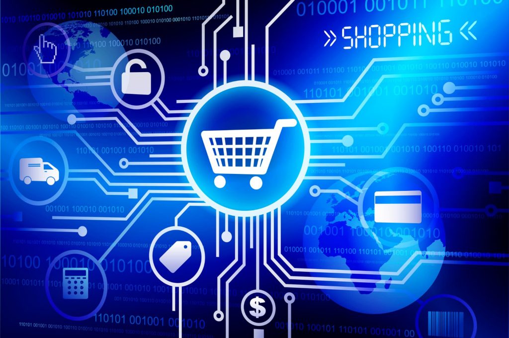 Digital illustration of an online shopping interface with a central shopping cart icon and related e-commerce symbols in a blue color scheme.