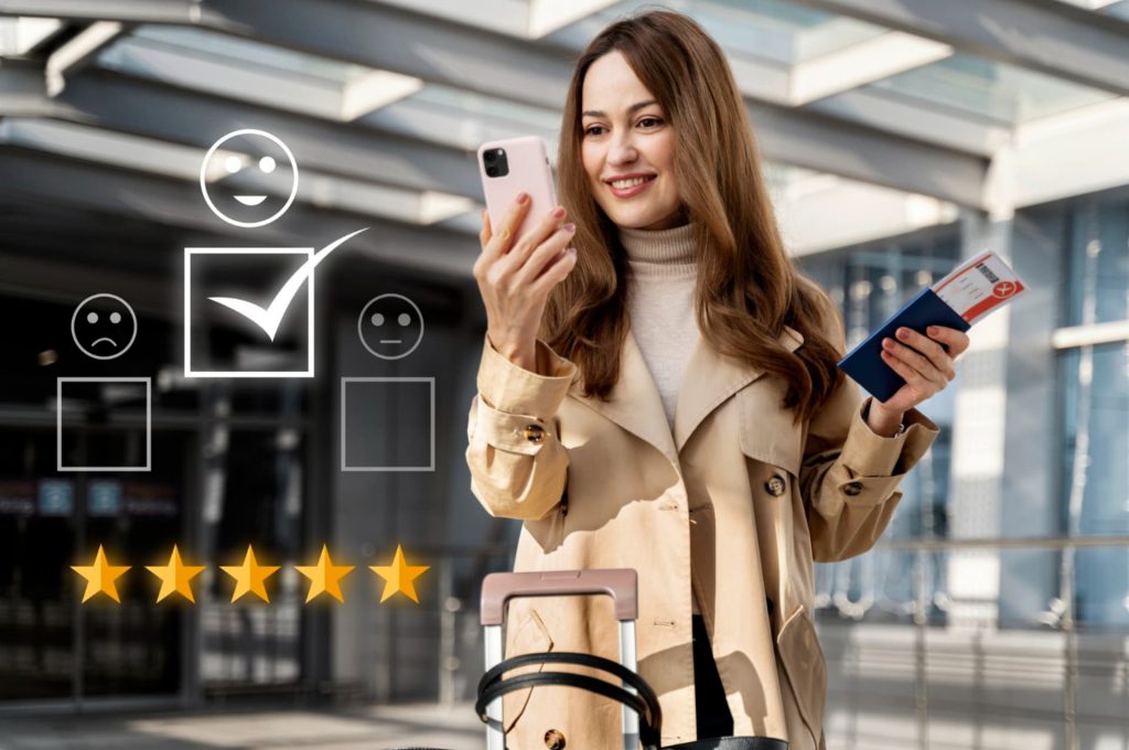 A smiling woman holding a smartphone and passport, with digital satisfaction icons and stars floating above, representing a good experience.