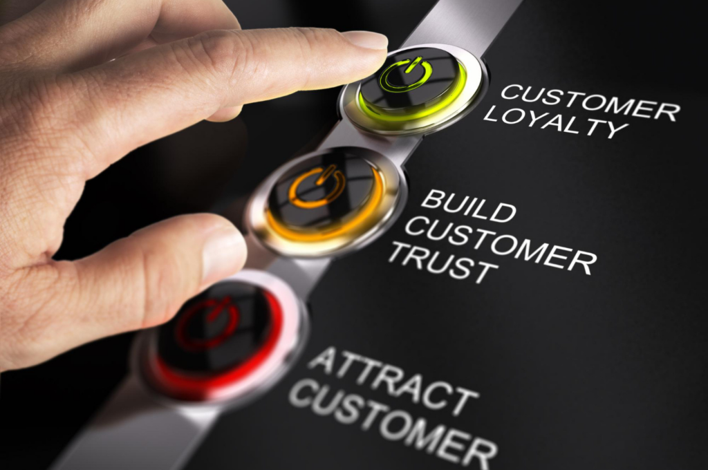A finger pressing a virtual customer loyalty button with options for 'attract customer,' 'build customer trust,' and 'customer loyalty,' symbolizing marketing strategies for customer relationship management.
