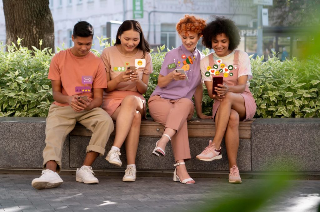 Four individuals sitting on a bench engrossed in their smartphones with various customer service icons above them, possibly sharing or reacting to content.