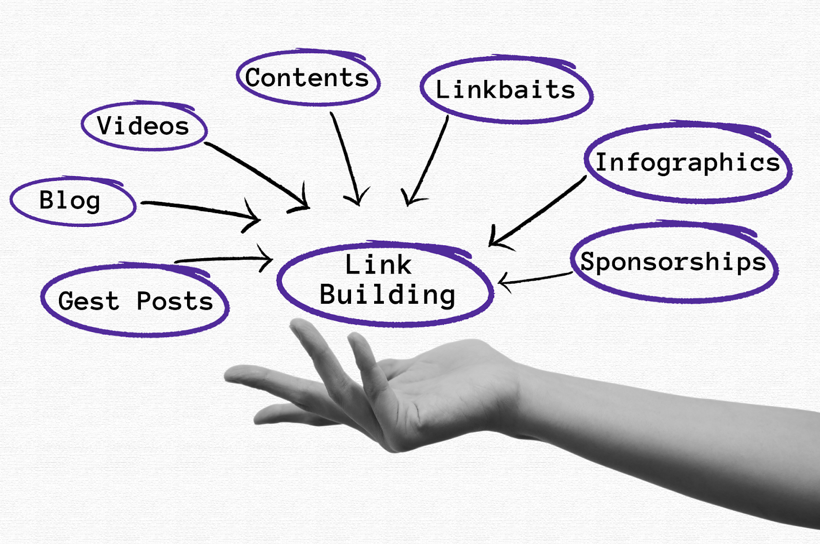 Link-building strategy flowchart by Vasta, with a focus on diverse content types to enhance SEO effectiveness.