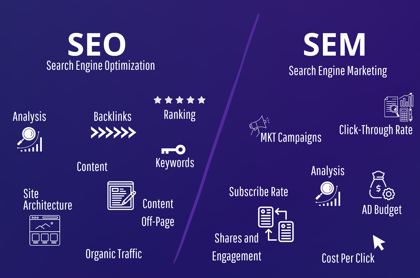 Infographic by Vasta comparing SEO and SEM, showcasing keywords, backlinks, and ad campaigns for eCommerce strategy.