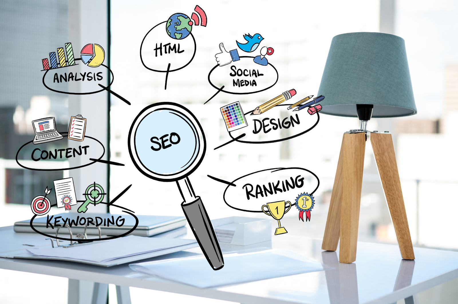 Graphic representation of SEO strategy, including content, analysis, and social media factors affecting eCommerce ranking