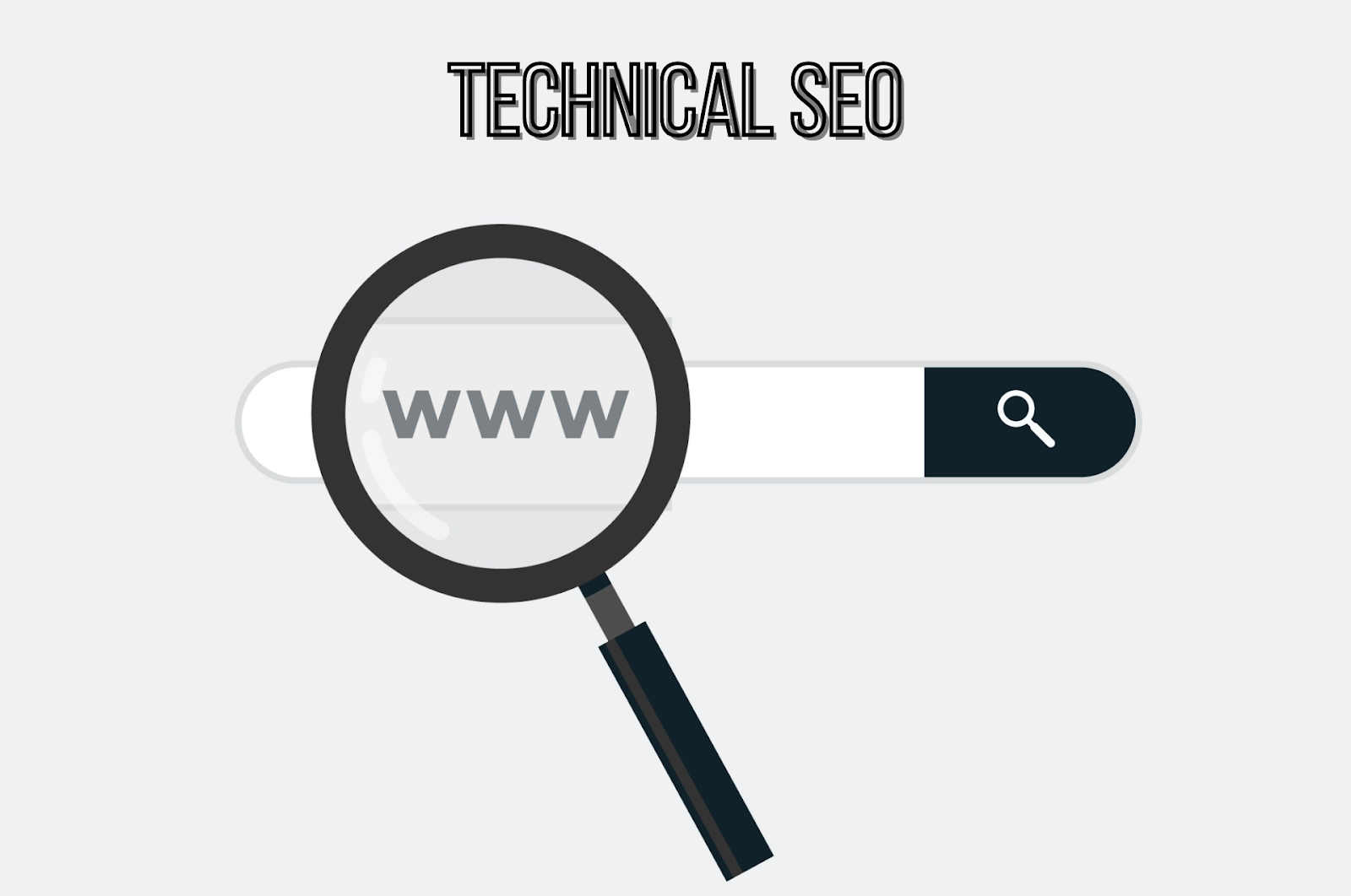 Technical SEO focus depicted with a magnifying glass over a URL, demonstrating Vasta's expertise in optimizing Shopify sites for search engines.