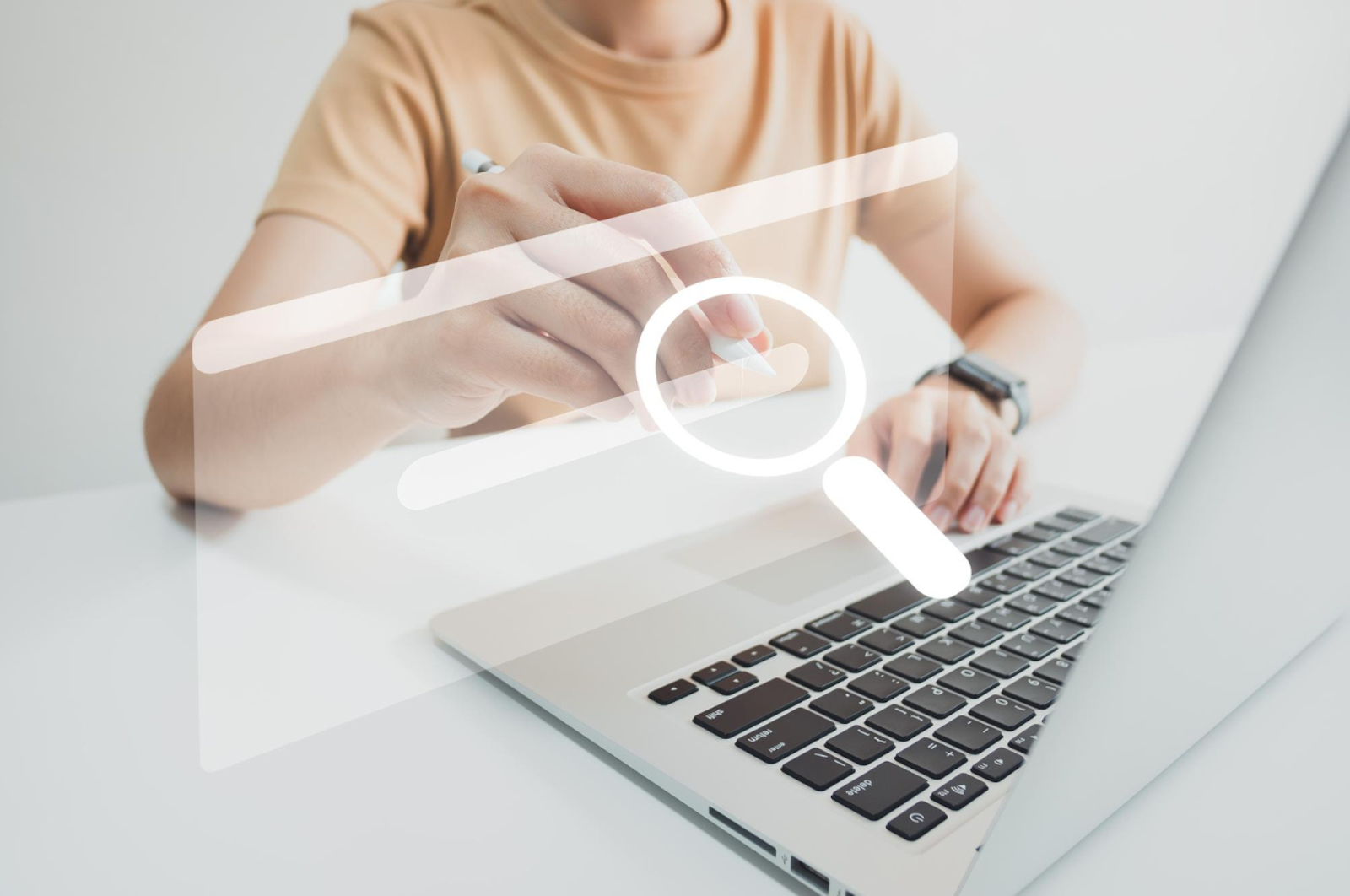 Conceptual image of a person using a magnifying glass over a search bar, representing the fine-tuning process of SEO on eCommerce.