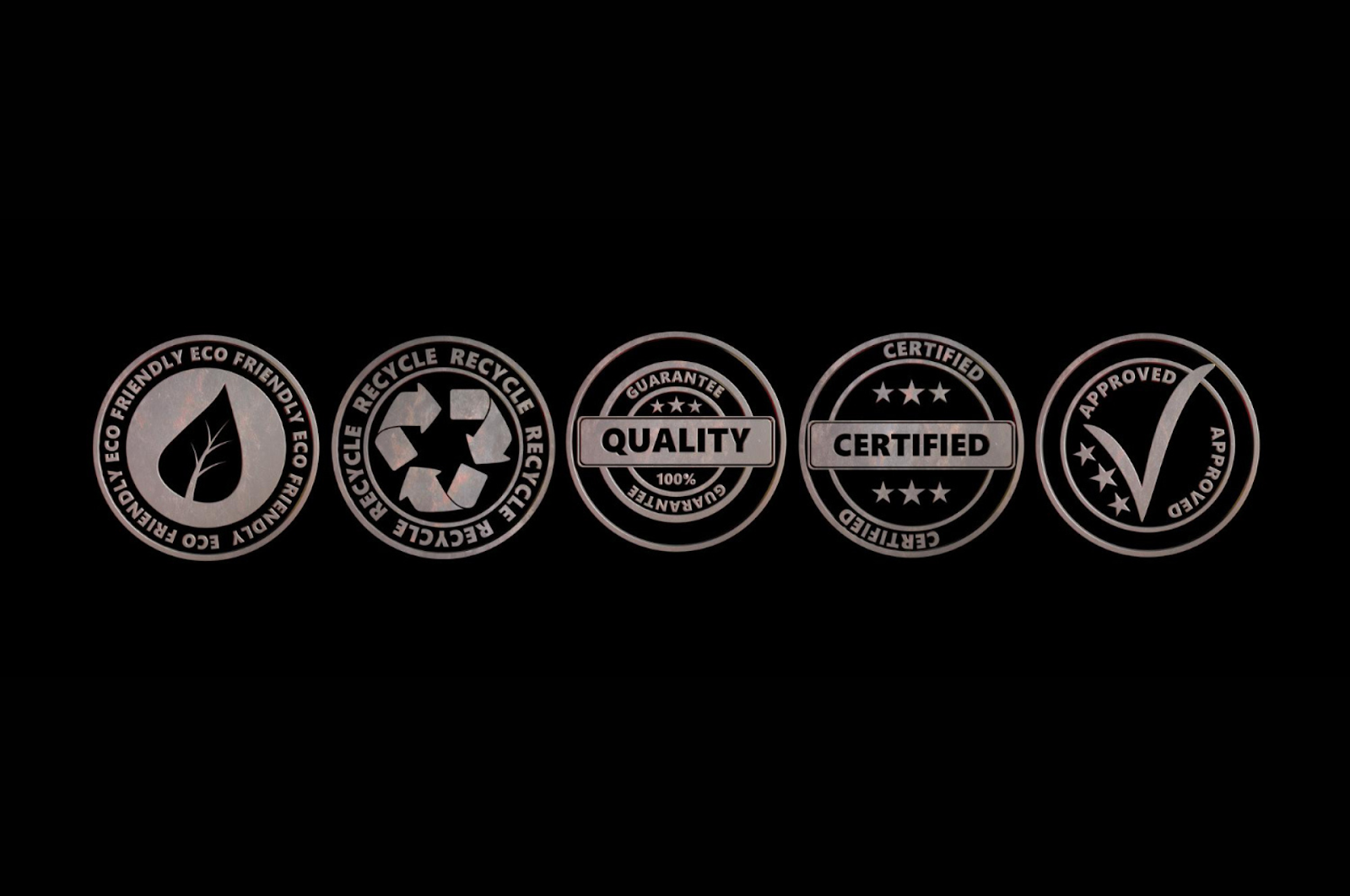 Assortment of e-commerce trust badges signifying quality, eco-friendliness, and secure shopping to increase consumer confidence.
