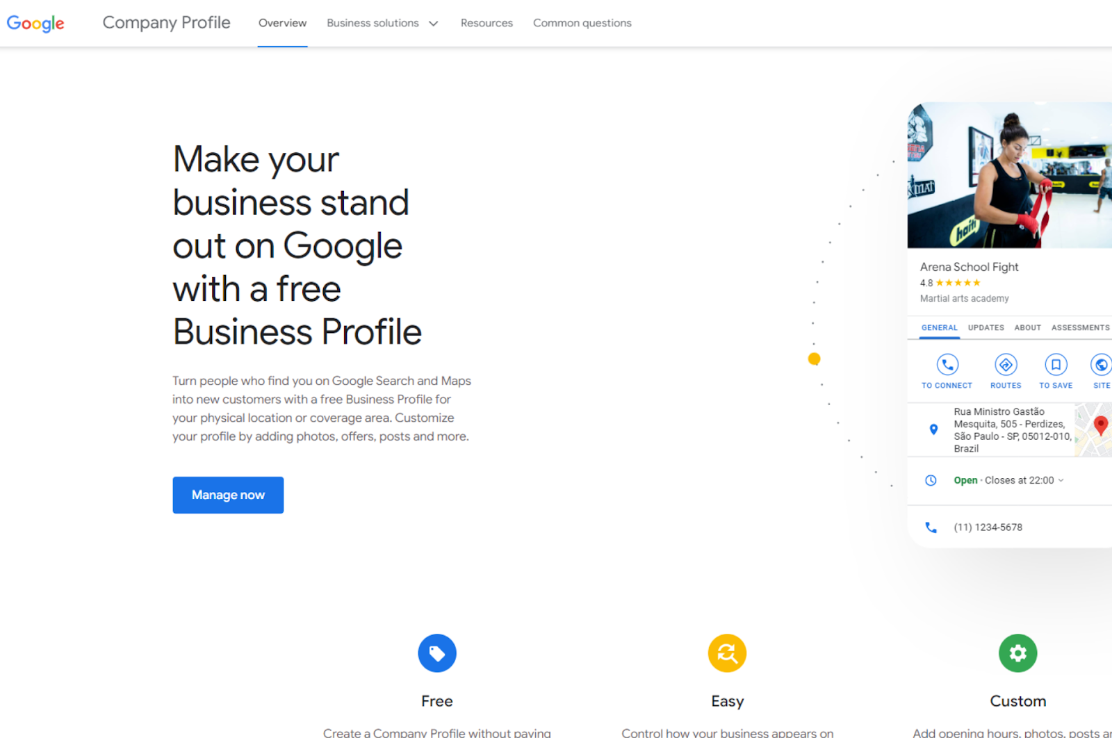 Google My Business promotion page emphasizes the benefit of a free business profile for your eCommerce on Google for SEO visibility.