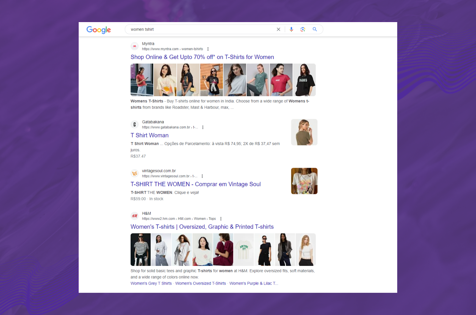 Google search results for women's t-shirts, demonstrating effective SEO practices for apparel eCommerce