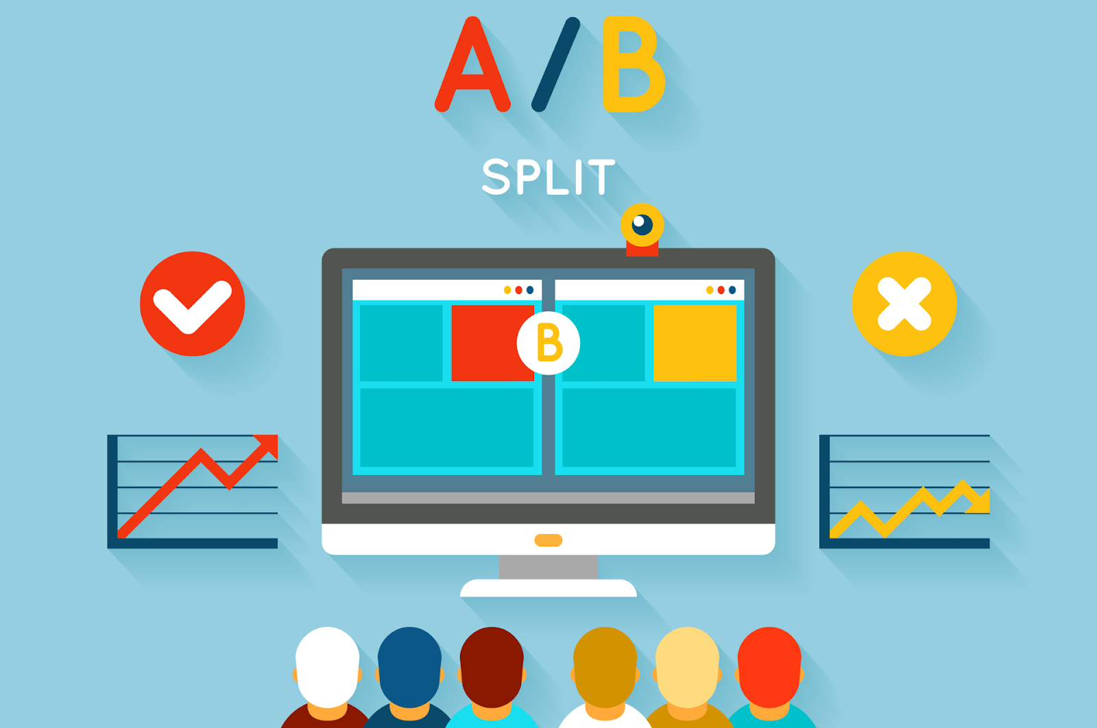A/B split testing interface on a computer monitor, observed by an engaged audience, critical for refining Shopify store strategies.