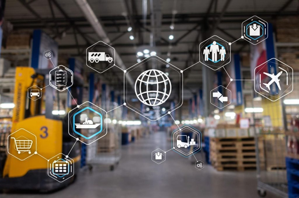 A busy warehouse with digital icons overlaying a real image, illustrating the integration of technology in ecommerce logistics.
