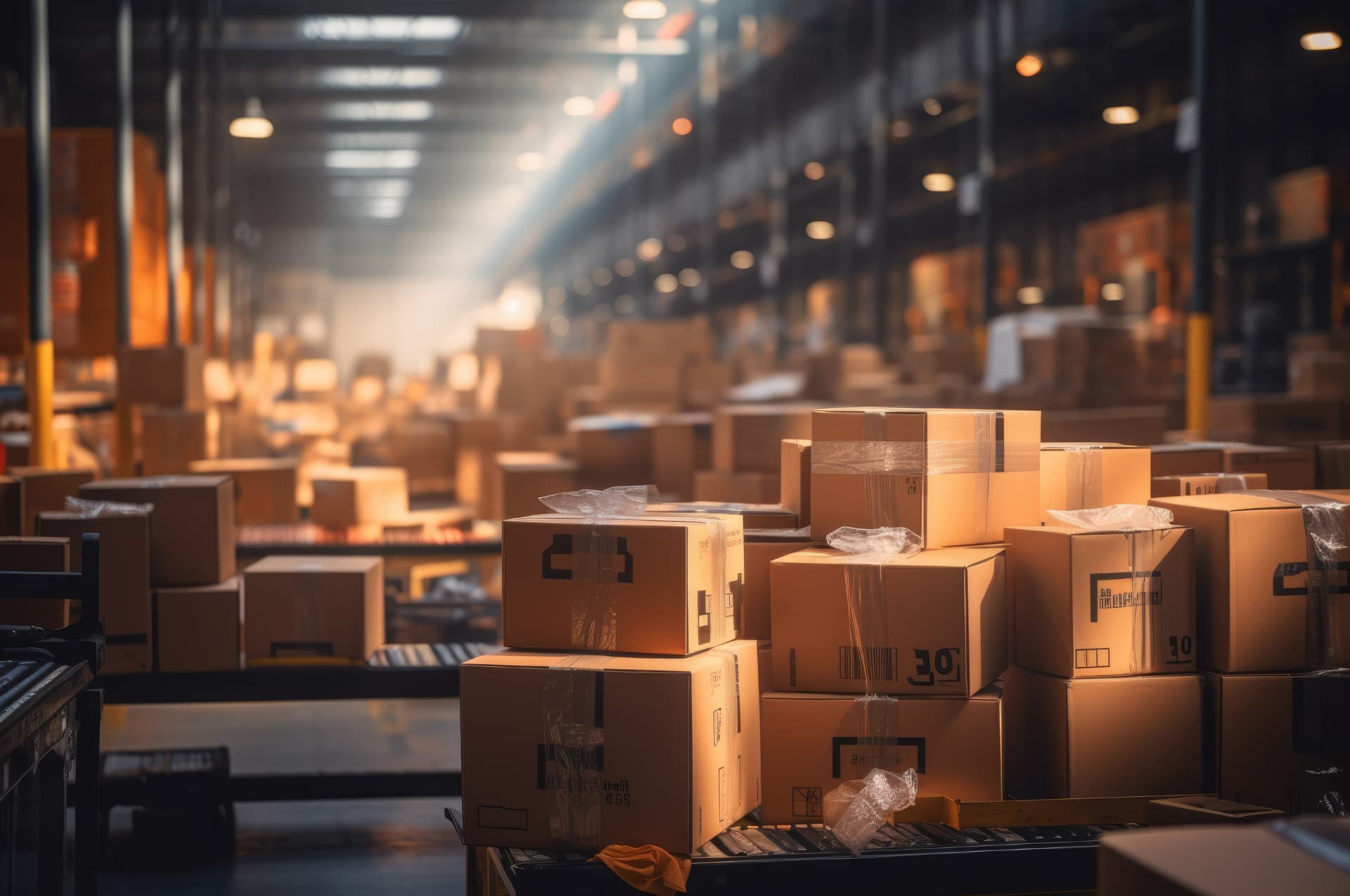 Warehouse filled with rows of packaged boxes ready for shipment, highlighting the scale of ecommerce order fulfillment.