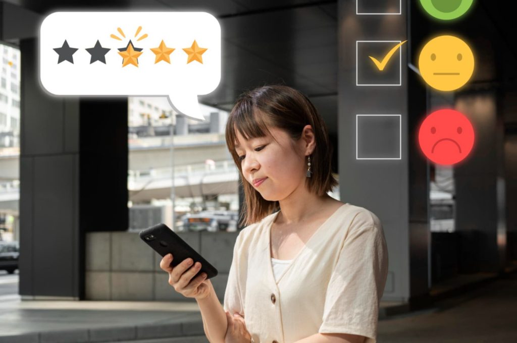 A customer looks at her phone with a graphic of a three-star review rating above her head, suggesting mixed feedback.