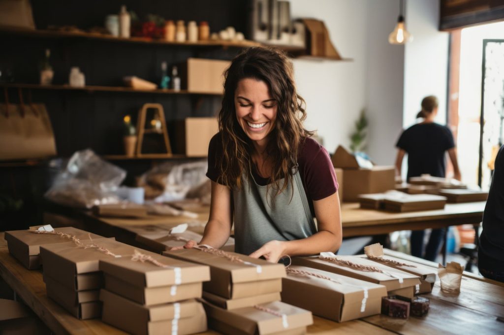 Smiling business owner prepares packages, representing personalized care in small business fulfillment.